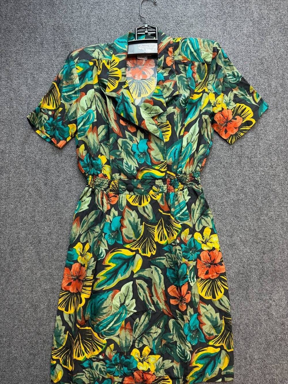 Vintage Cervelle 100% Silk Tropical Floral Shirt Dress Women's Size 12 40"